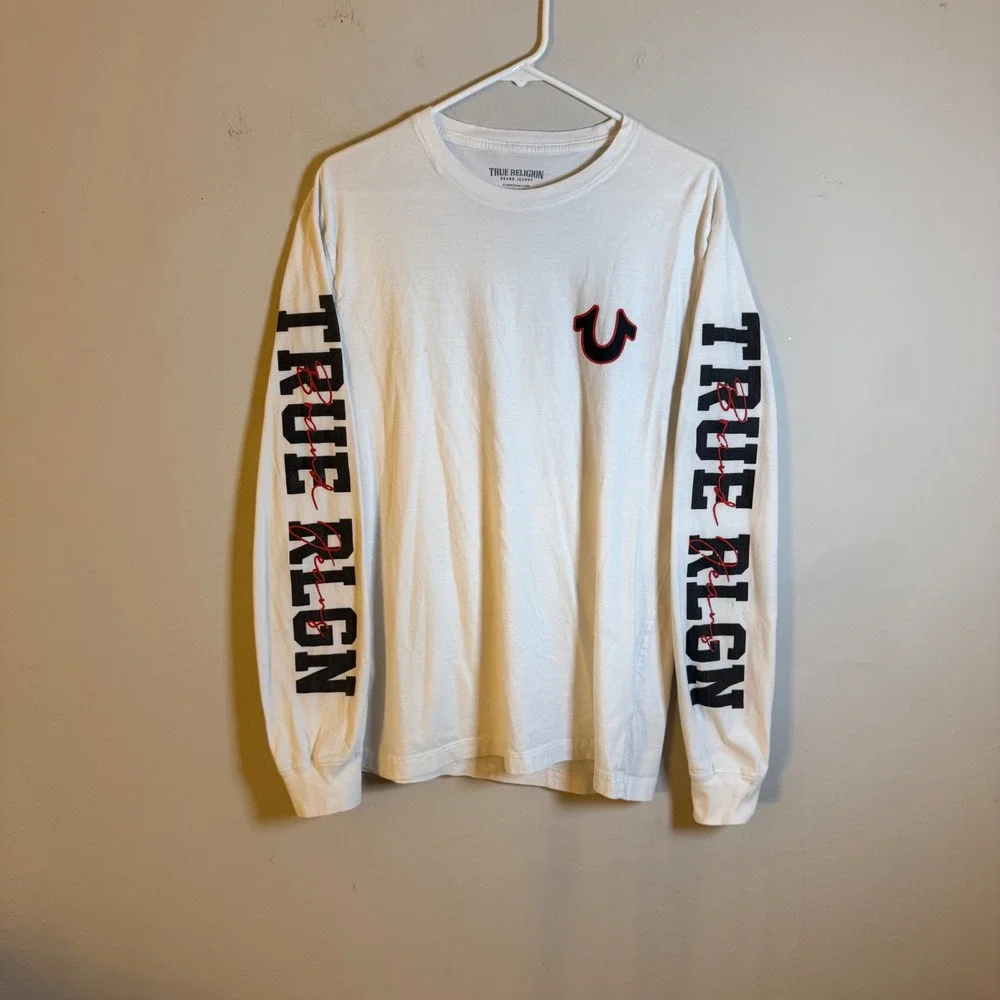 True Religion Mens White Long Sleeve Graphic Logo T-Shirt XL Horseshoe Branding